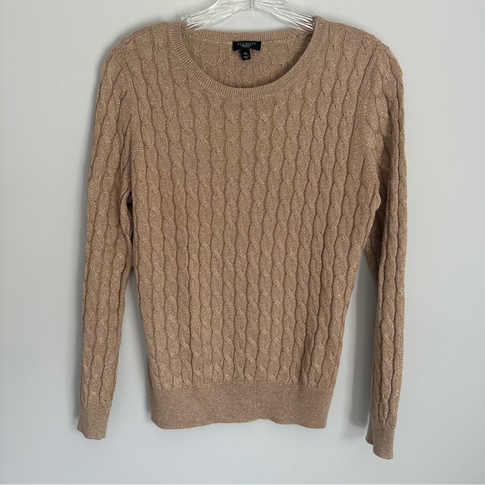 Talbots Petite Metallic Gold Long Sleeve Medium Top cable knit Sweater